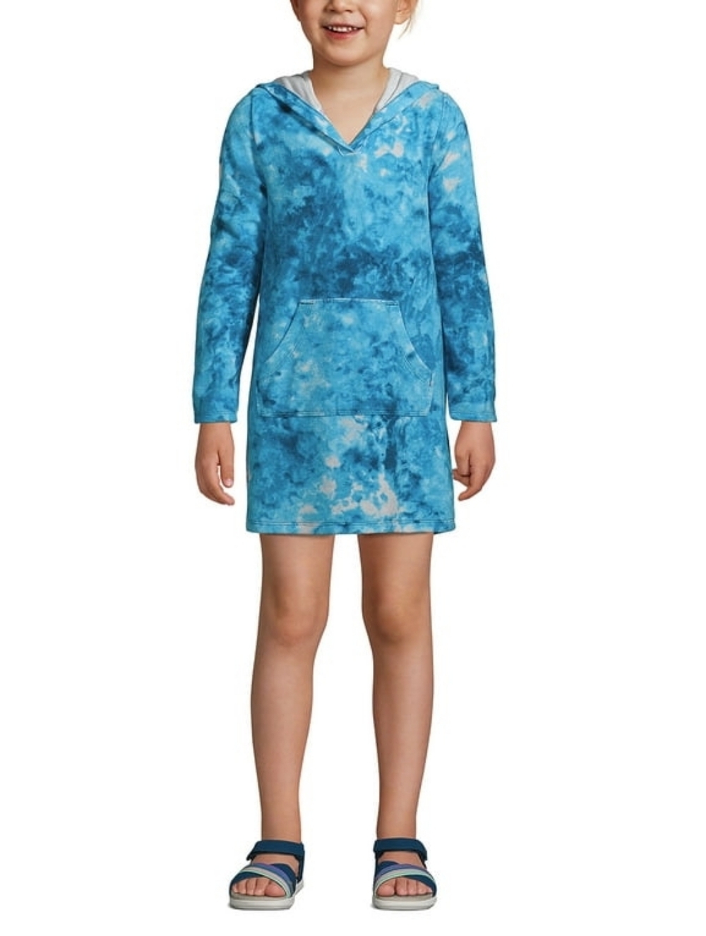 Lands' End Girls Terrycloth Long Sleeve Hooded Swim Coverup - Blue Tie Dye